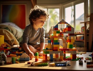 a young child playing with lego blocks at home, bold colors and patterns - obrazy, fototapety, plakaty
