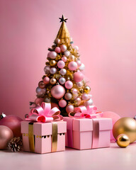 Tło świąteczne z miejscem na tekst, różowy deseń, Boże Narodzenie i prezenty