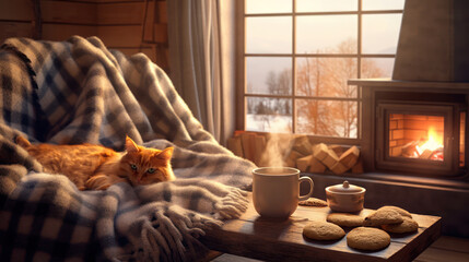 Warm indoor scene with a ginger cat on a plaid blanket, a mug of tea, cookies, and a cozy fireplace by a snowy window - Powered by Adobe