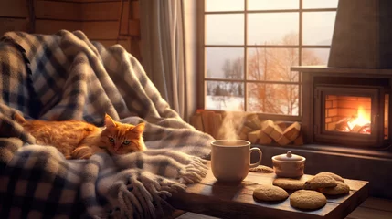 Tuinposter Warm indoor scene with a ginger cat on a plaid blanket, a mug of tea, cookies, and a cozy fireplace by a snowy window © AlexTroi