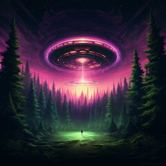 One man in the deep forest with pink and purple UFO landing on a meadow. Green and pink color. Retro sci-fi movies background. 