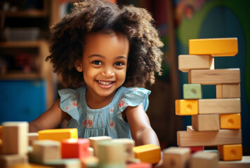 a young girl playing with wooden building blocks in a preschool - Powered by Adobe