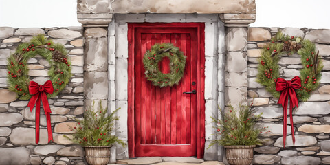 Fototapeta na wymiar Christmas wreaths on red door and stone walls illustration, painting, background banner, traditional, old fashioned, country