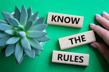 Know the rules symbol. Wooden blocks with words Know the rules. Businessman hand. Beautiful green...