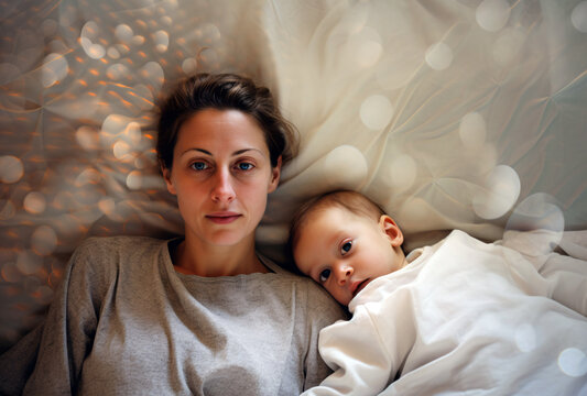 baby and mother on bed together, exaggerated facial features