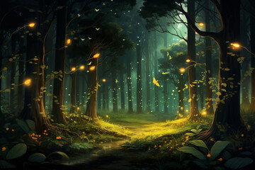 night in the forest with lights