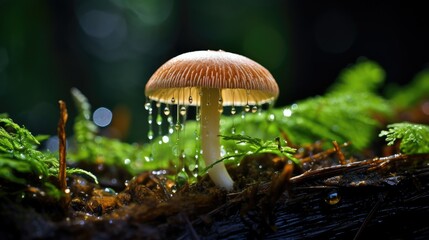 Fototapeta premium A single mushroom with a dew-covered cap in a vibrant forest setting, bathed in natural sunlight with sparkling water droplets 
