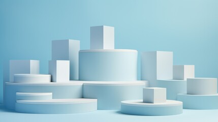 An mockup with cylindrical blue shapes of varying sizes on a monochromatic blue background for product display