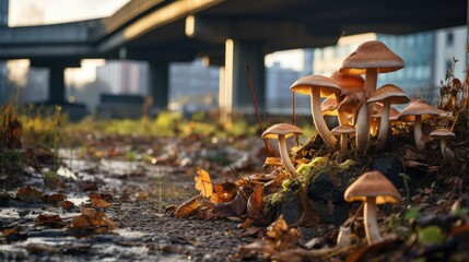 A cluster of honey-brown mushrooms flourishing among fallen leaves with an urban bridge structure in the background