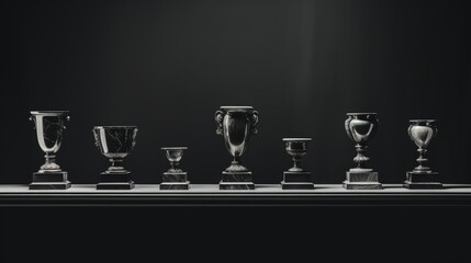 A collection of black metal trophies of different sizes lined up on a shelf against a dark background