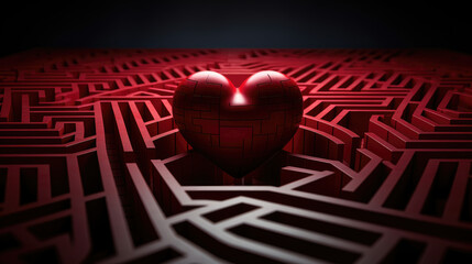 A conceptual red heart-shaped object at the center of a red maze - obrazy, fototapety, plakaty