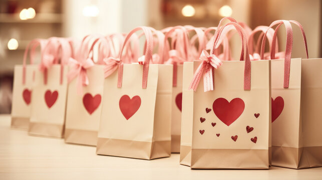 A lineup of Valentine’s beige gift bags with pink ribbons and red heart decorations