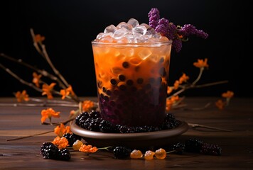 blackcurrant and black beans in bubble tea, multilayered texture