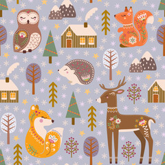 Seamless pattern scandinavian style with cute woodland animals, hand drawn trees and snowflakes. Vector illustration.