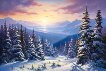 Winter snow covered forest landscape at sunrise in the mountains, painting - obrazy, fototapety, plakaty
