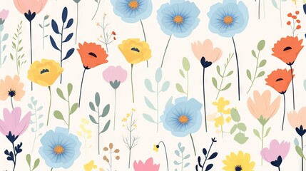 Floral seamless pattern with colorful flowers and green leaves.