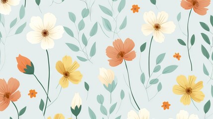 Floral seamless pattern with colorful flowers and green leaves.
