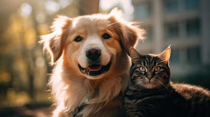 Canine and feline friends soaking up the sun's rays.