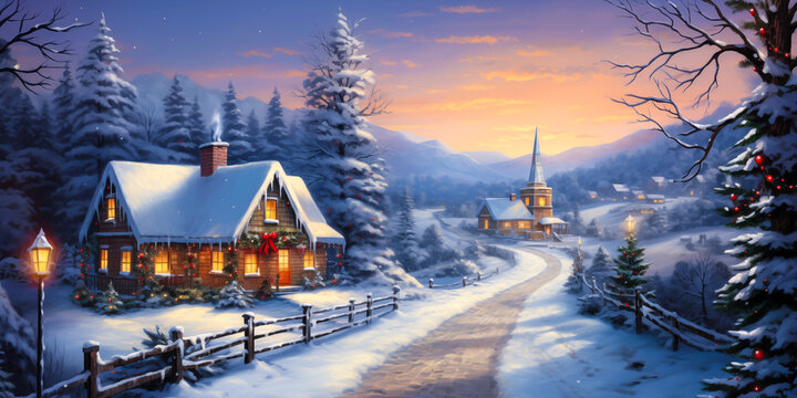 Home in the snowy winter forest decorated with Christmas garlands, wide banner, painting