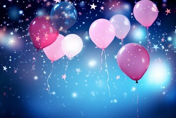 Obraz premium colorful blue and pink stars and balloons on a blue background stock foto, digitally enhanced