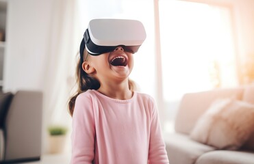 A young girl immersed in virtual reality with a headset on, exploring a digital world.