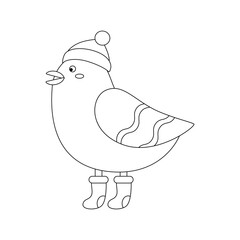 Christmas cute, funny bird in a cap, and boots. Winter holiday element.