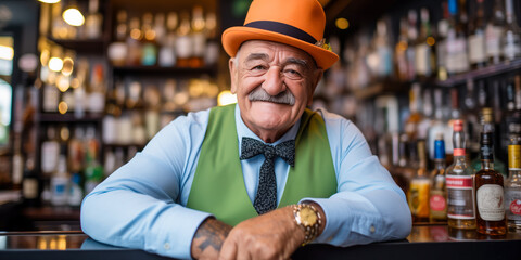 Bartender at an Irish pub wearing orange bowler hat and green vest, portrait, wide banner - obrazy, fototapety, plakaty