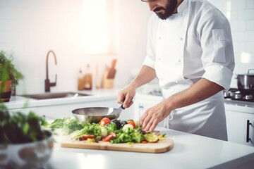A chef in an apron preparing food in the kitchen. Copy space image