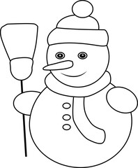 Cute Snowman Character, Black And White Coloring Page Outline Of A Snowman, Snowman wearing hat and scarf