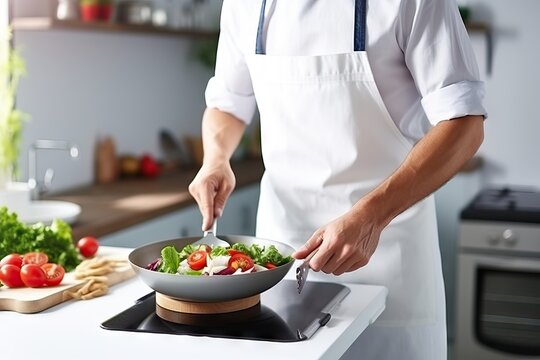 A chef in an apron preparing food in the kitchen. Copy space image