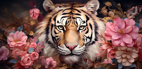 Foto op Plexiglas Portrait of a tiger surronded with flowers, mug sublimation, mug wrap © noorofmyeyes