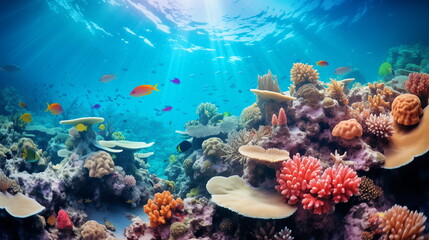 Naklejka na ściany i meble Coral reef underwater abstract background marine ecosystem underwater sea view. Wallpaper