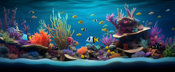 Underwater ocean life with many colourful fishes and corals