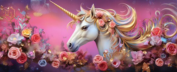 Fantasy unicorn with many beautiful flowers on a pink background