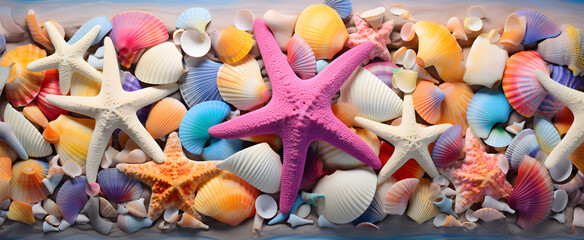 Colourful seashells and stars on a sandy beach - obrazy, fototapety, plakaty