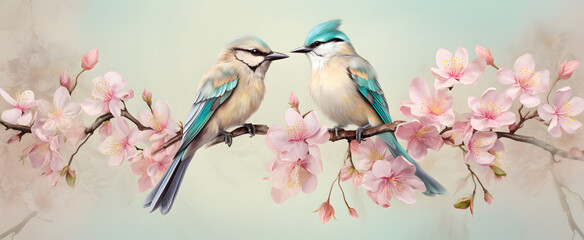 Two birds in love surrounded with pink flowers