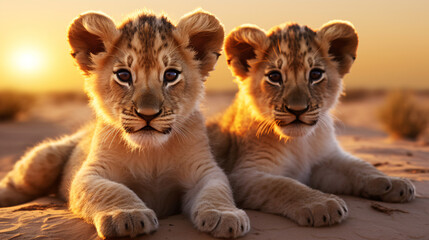 lion cubs sitting on sand in the desert for sunset, exaggerated facial features