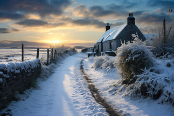 Winter in Ireland, snow covered landscape with old stone home cottage farmhouse - obrazy, fototapety, plakaty