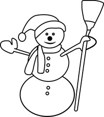 Cute Snowman Character, Black And White Coloring Page Outline Of A Snowman, Snowman wearing hat and scarf