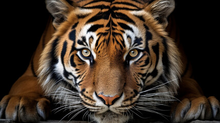 Fototapeta premium Tiger's Gaze: A powerful close-up of a tiger's intense gaze, emphasizing the strength and regality of these endangered big cats.