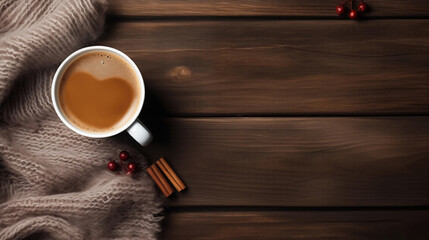 Cup of Coffee Along With A Woolen Scarf Over A Dark Wooden Table Top View - obrazy, fototapety, plakaty