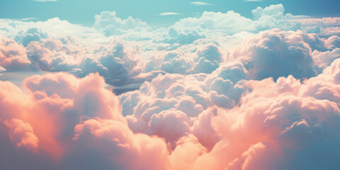 pink and white fluffy clouds in sky, light teal and light amber