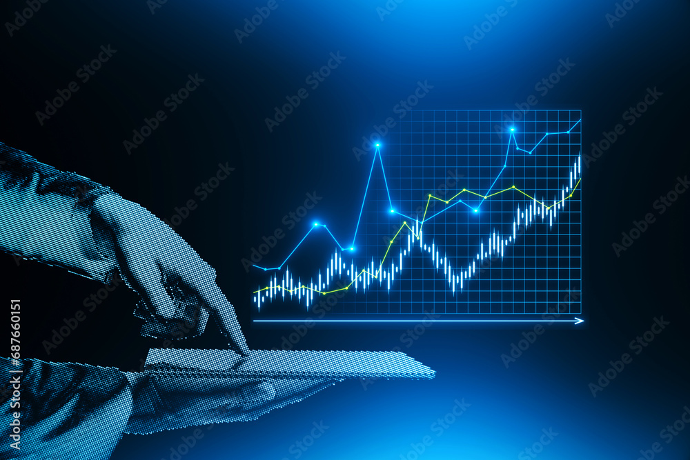 Poster close up of blue digital hand using smartphone with creative candlestick forex graph on grid. dark b