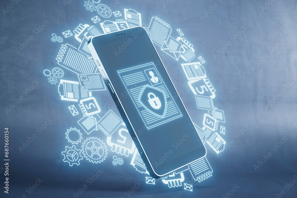 Aufkleber close up of cellphone with creative digital security padlock sketch on concrete wall background. sec
