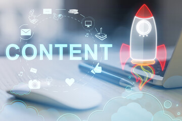 Digital launch of CONTENT concept with holographic rocket, modern digital marketing