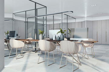 New concrete glass meeting room interior with furniture. 3D Rendering.