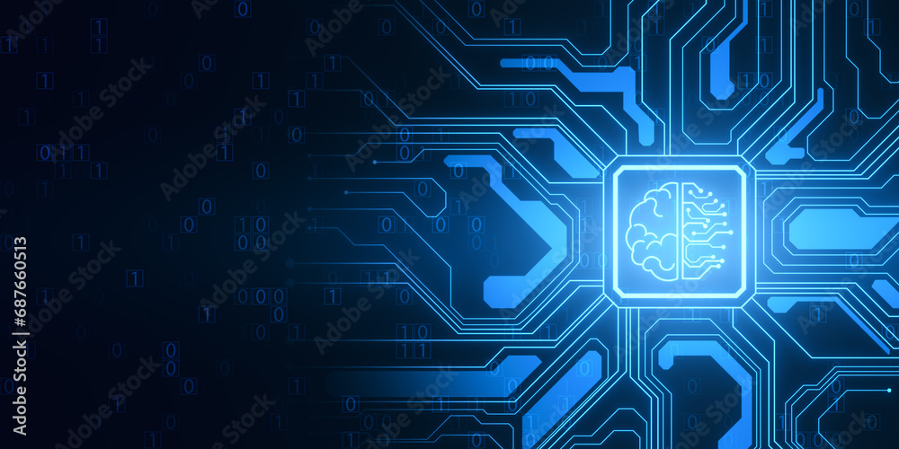 Poster Abstract brain and binary code circuit on blue backdrop. Chip, data, ai, and future concept. 3D Rendering.