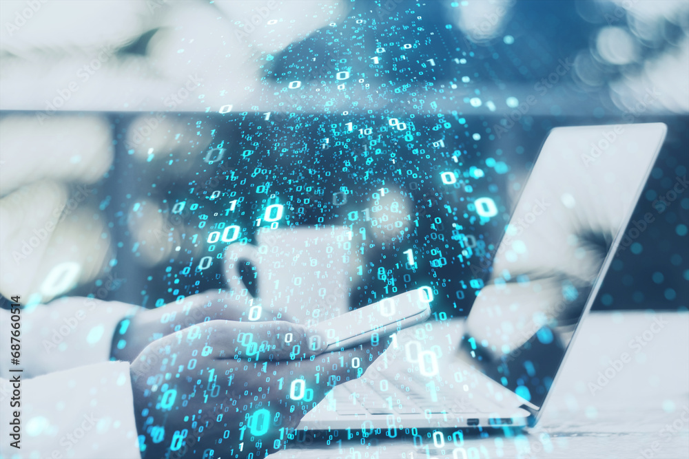 Poster Close up of male hands using laptop and cellphone at desk with coffee cup and creative binary coding on blurry outdoor background with trees. Matrix and security concept. Double exposure.