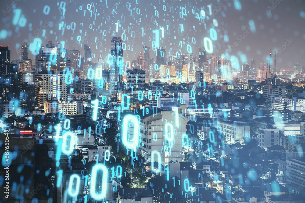 Poster Creative binary coding on blurry night city background. Matrix and security concept. Double exposure.