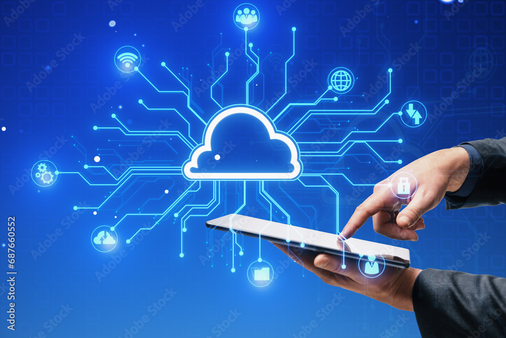 Poster Close up of businessman hand using cellphone with creative digital circuit cloud on blue background. Data storage, server and technology concept.